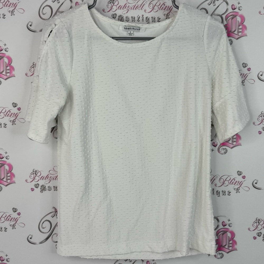 Rose & Olive tshirt button sleeve detail dotted 3D texture White Textured Top